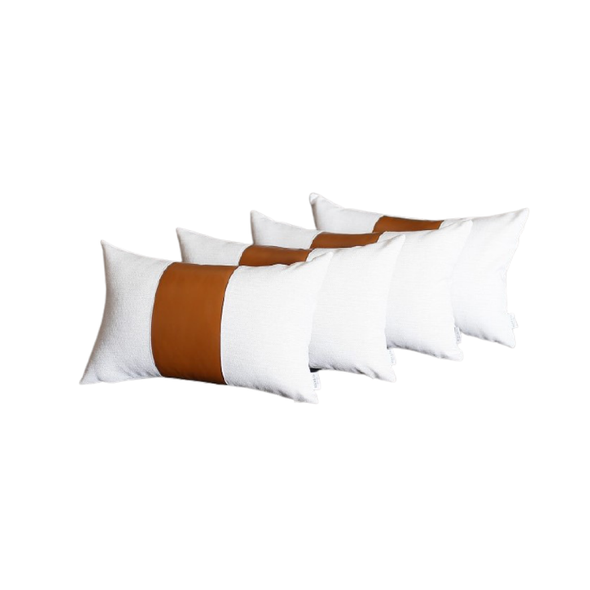 Set of 4 White and Brown Faux Leather Lumbar Pillow Covers