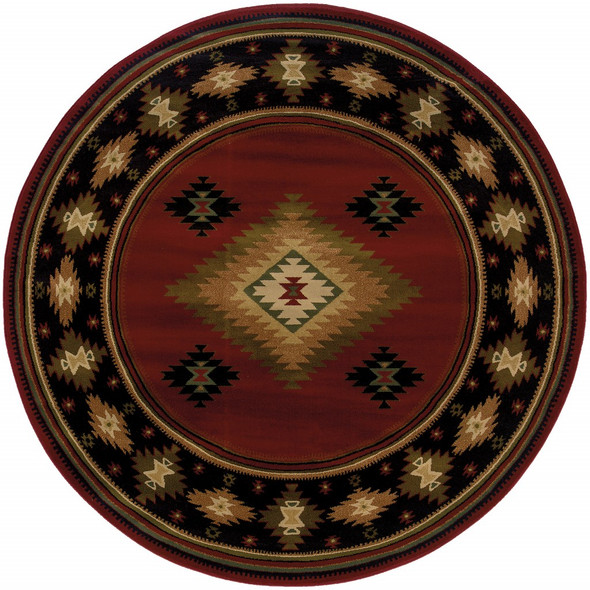 8 Round Red and Beige Ikat Pattern Area Rug