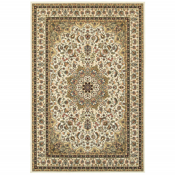 7' x 10' Ivory Beige Machine Woven Oriental Indoor Area Rug