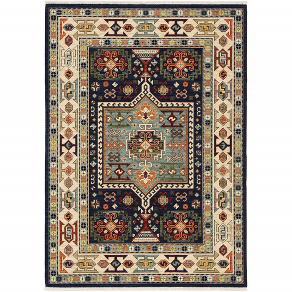 9' x 12' Blue Ivory Machine Woven Medallion Indoor Area Rug