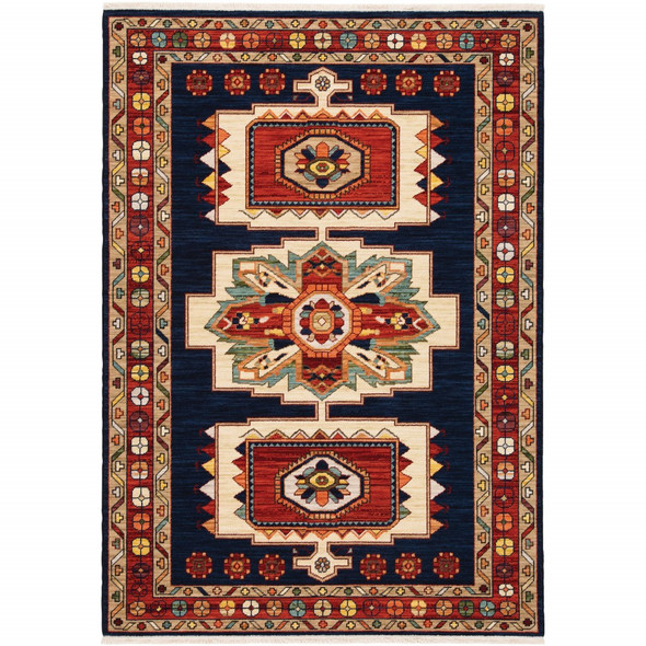 9' x 12' Blue Red Machine Woven Medallions Indoor Area Rug
