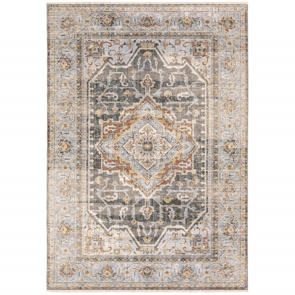 7' x 10' Grey Blue Machine Woven Medallion Indoor Area Rug