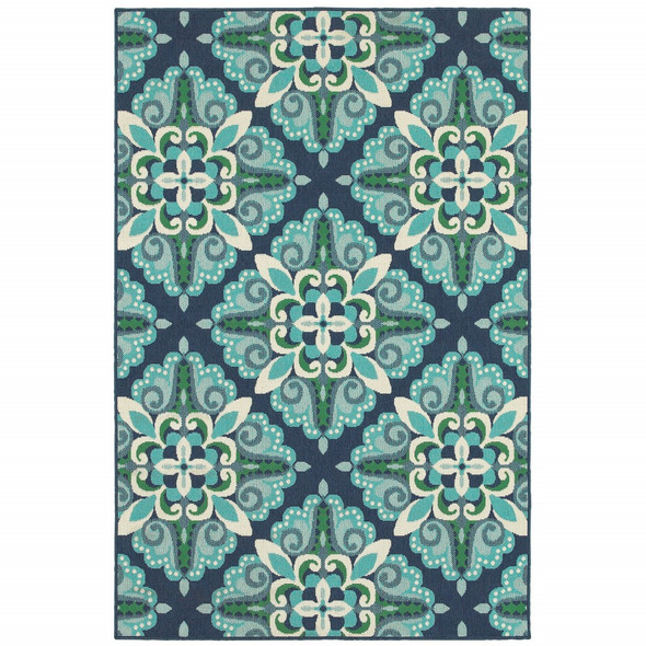 7x10 Blue and Green Floral Indoor Outdoor Area Rug