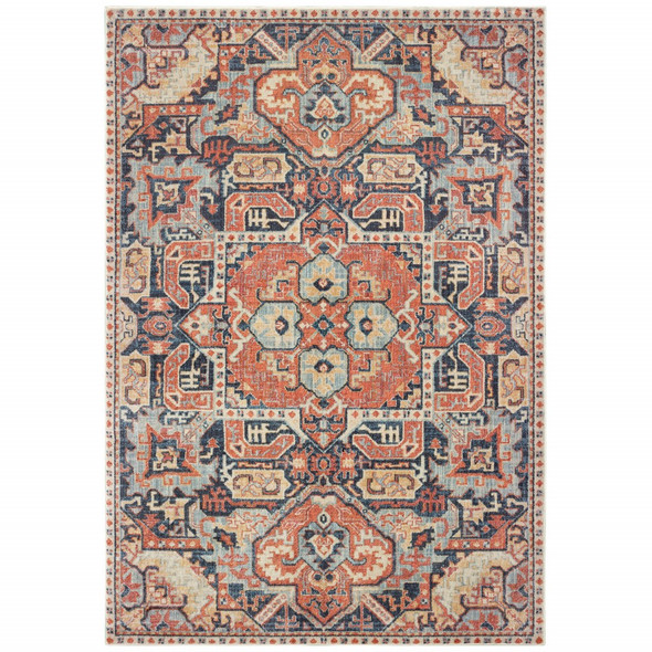 7x10 Blue and Orange Tribal Area Rug