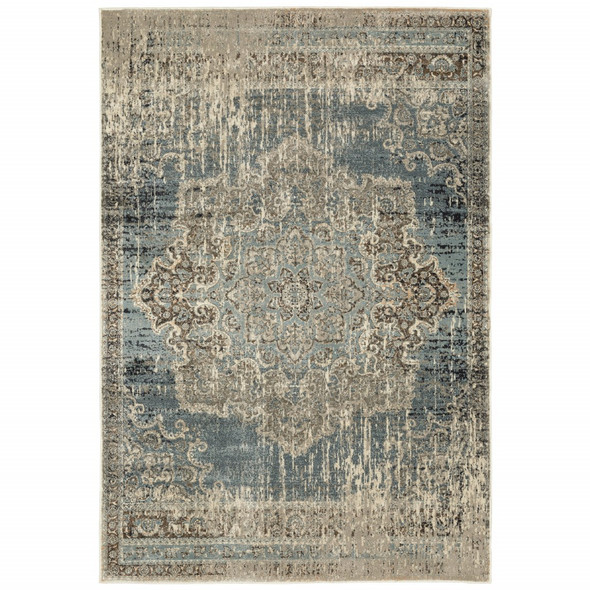 5x8 Blue and Ivory Medallion Area Rug