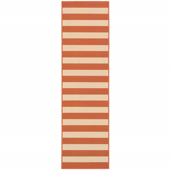 2x8 Orange and Ivory Striped Indoor Outdoor Runner Rug