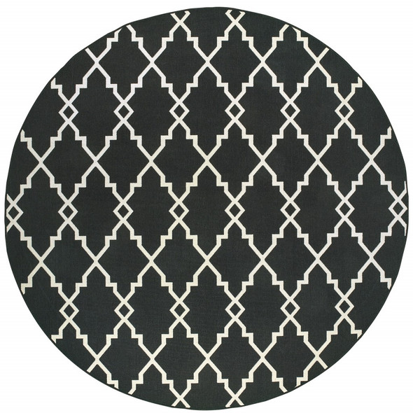 8 Round Black and Ivory Trellis Indoor Outdoor Area Rug