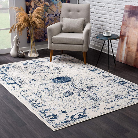 5 x 8 Navy Blue Distressed Floral Area Rug