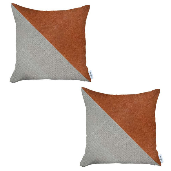 Set of 2 White and Faux Leather Lumbar Pillow Covers