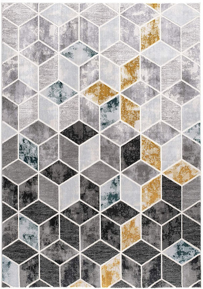 5 x 8 Gray and Gold Cubic Block Area Rug