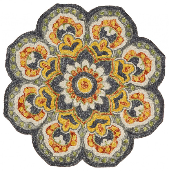 4 Round Gray and Gold Floret Area Rug