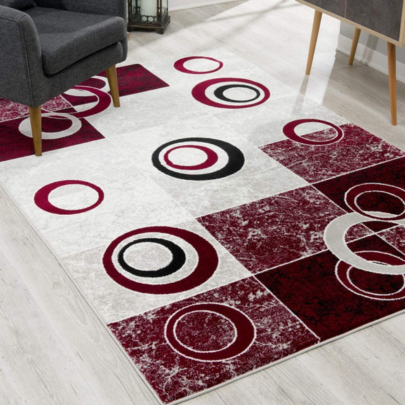 5 x 8 Red and White Inverse Circles Area Rug