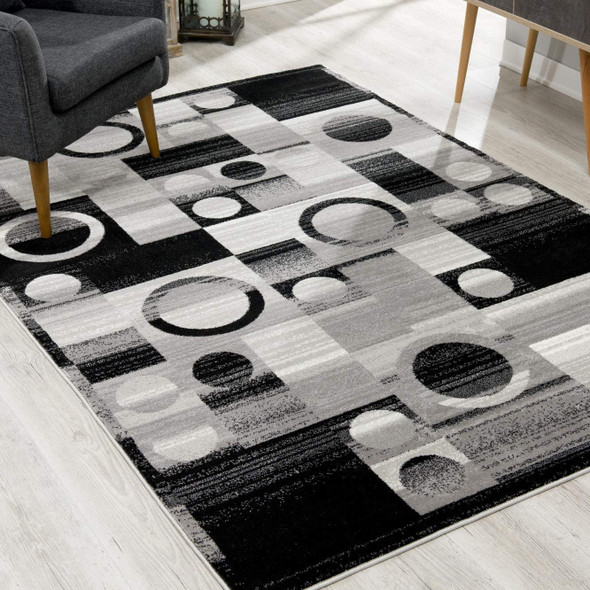 2 x 10 Gray Blocks and Rings Runner Rug