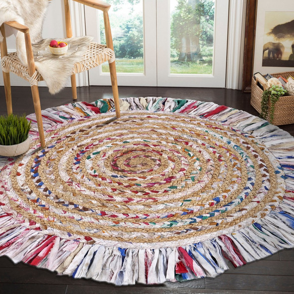 Bleached Multicolored Chindi and Natural Jute Fringed Round Rug