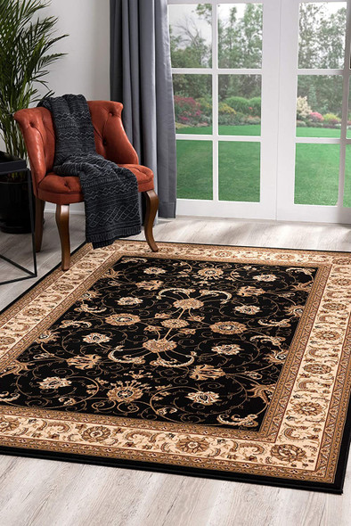 2 x 13 Black and Tan Floral Vines Runner Rug