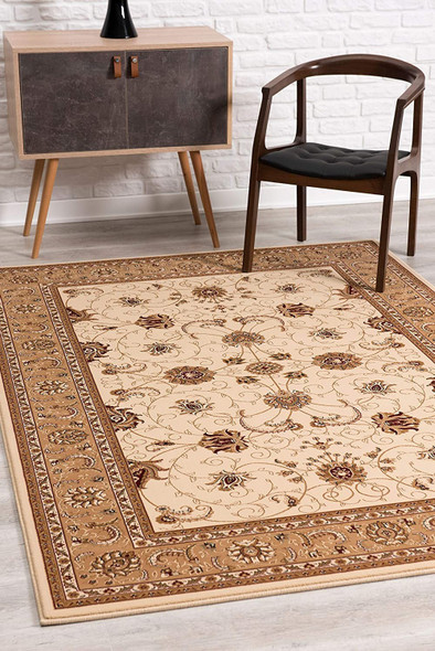 3 x 15 Cream and Tan Ornate Border Runner Rug