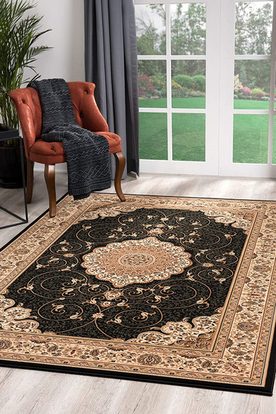 2 x 10 Black and Beige Embellished Runner Rug