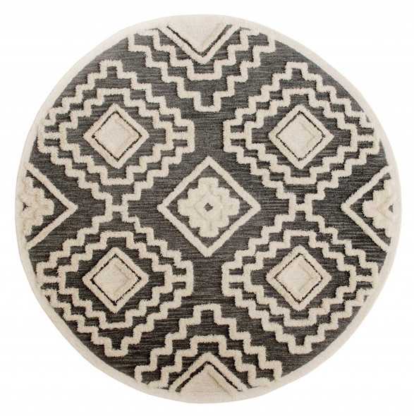 4 Round Gray and Cream Geometric Area Rug