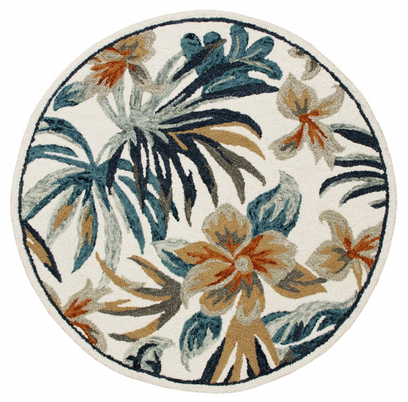 6 Round Blue and White Tropical Area Rug