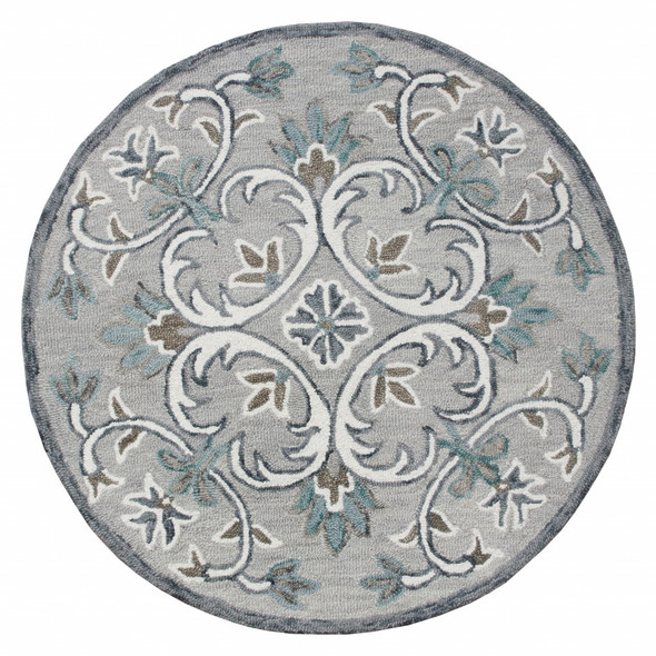 4 Round Gray and White Filigree Area Rug