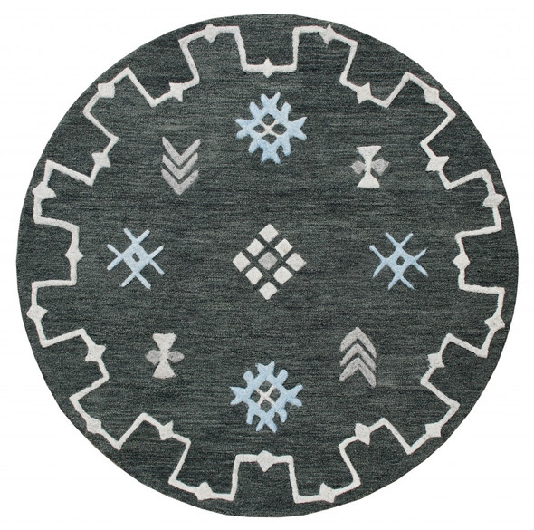 5 Round Charcoal Geometric Border Area Rug