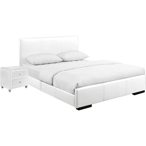 White Upholstered Twin Platform Bed with Nightstand