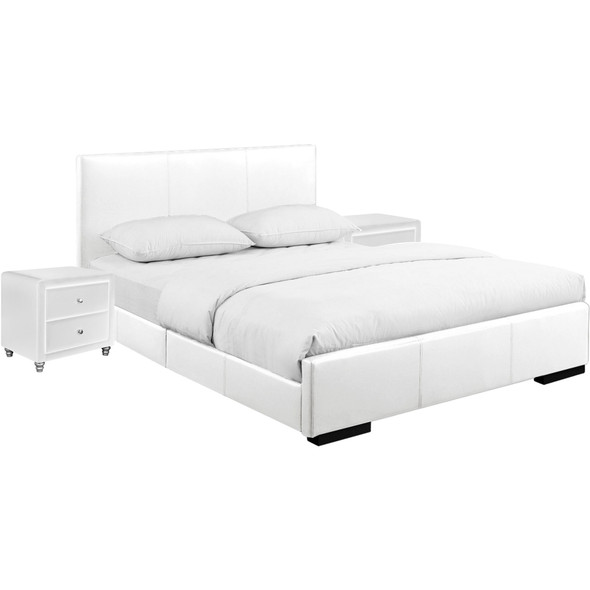 White Upholstered Platform King Bed with Two Nightstands