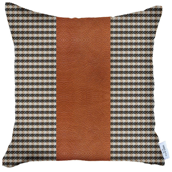 Brown Houndstooth Faux Leather Strap Throw Pillow