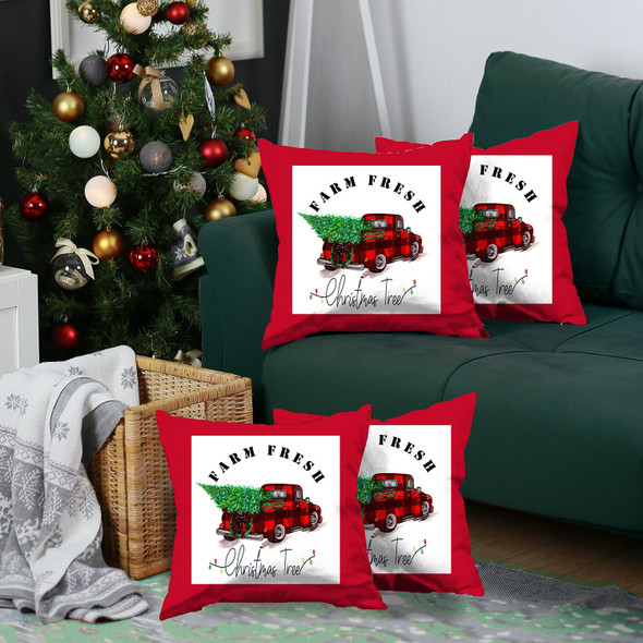 Set of 4 Christmas Buffalo Check Pick Up Truck Pillow Covers