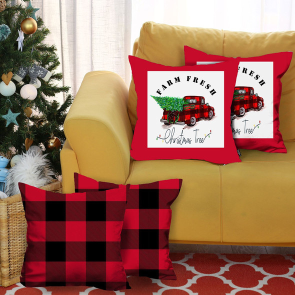 Set of 4 Red Plaid and Red Truck Throw Pillow Covers