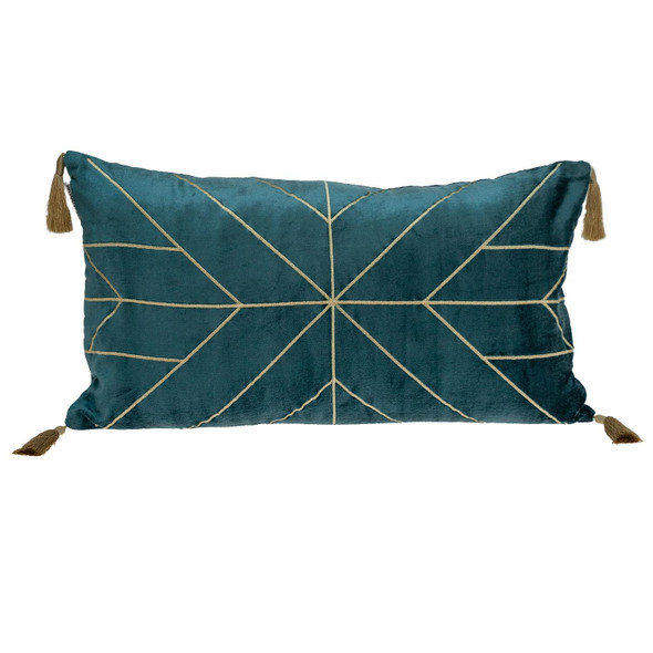 Teal and Gold Geo Velvet Lumbar Pillow with Gold Tassels