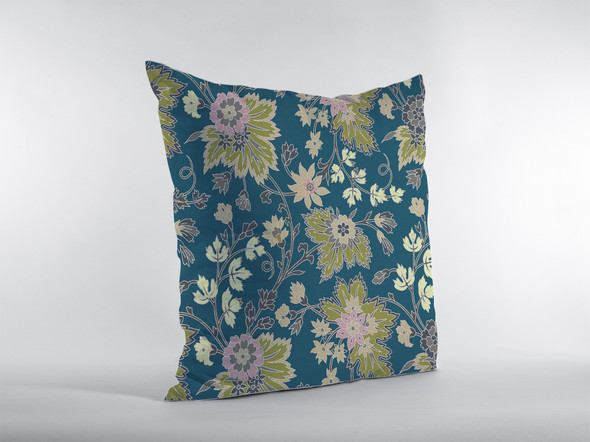 16 Teal Green Jacobean Zippered Suede Throw Pillow