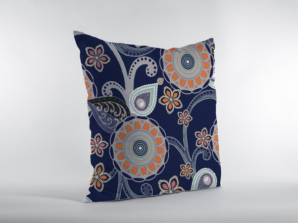 16 Indigo Orange Floral Suede Zippered Throw Pillow