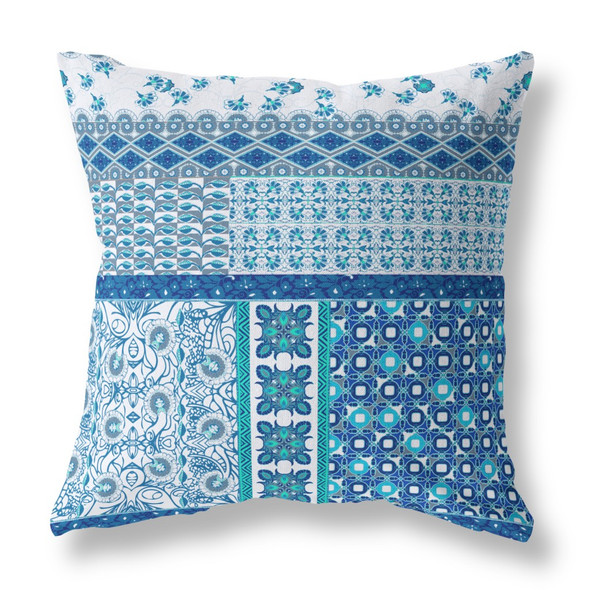 26 Blue White Patch Indoor Outdoor Zippered Throw Pillow