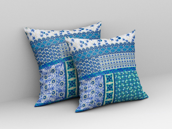 16 Turquoise Blue Patch Indoor Outdoor Zippered Throw Pillow