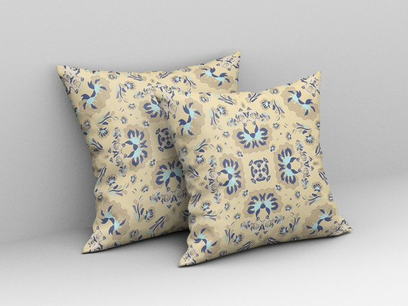 26" Beige Blue Floral Indoor Outdoor Zip Throw Pillow