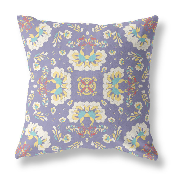 16" Purple White Floral Indoor Outdoor Zip Throw Pillow