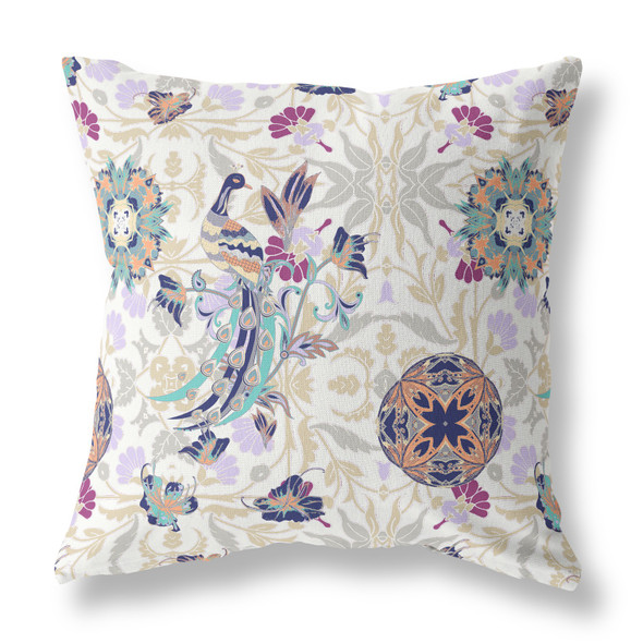 26" White Purple Peacock Indoor Outdoor Zip Throw Pillow