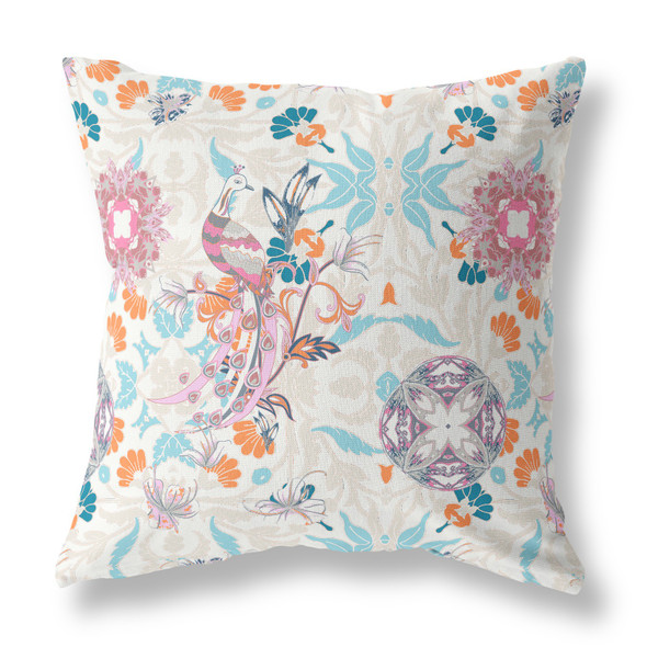 18" Pink Blue Peacock Indoor Outdoor Zip Throw Pillow