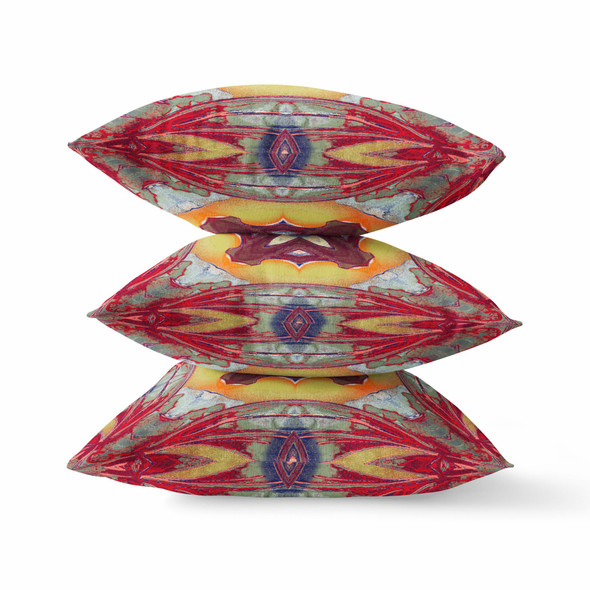 18 Red Yellow Geo Tribal Indoor Outdoor Throw Pillow