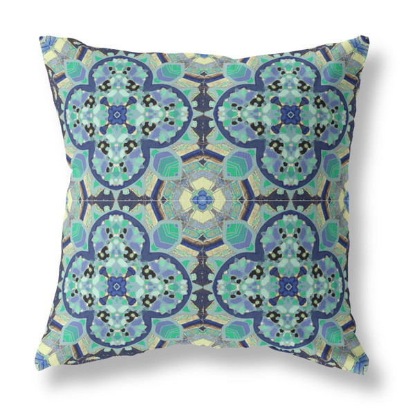 26" Aqua Indigo Cloverleaf Indoor Outdoor Throw Pillow