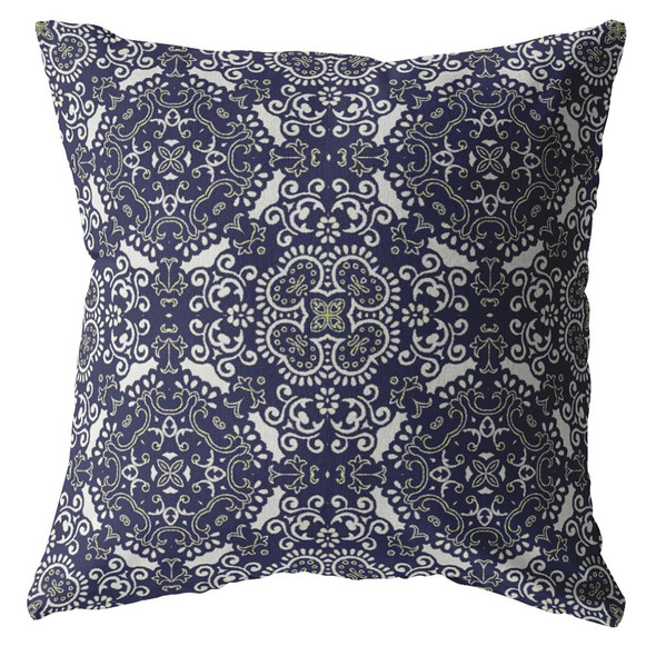 26" Navy Boho Pattern Indoor Outdoor Throw Pillow