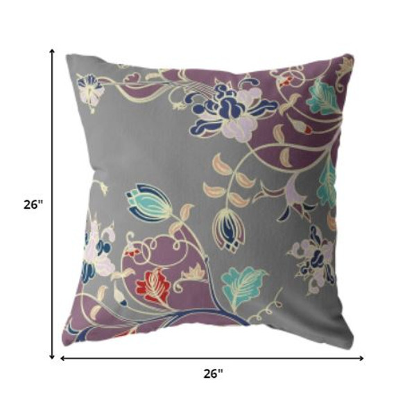 26" Purple Gray Garden Indoor Outdoor Throw Pillow