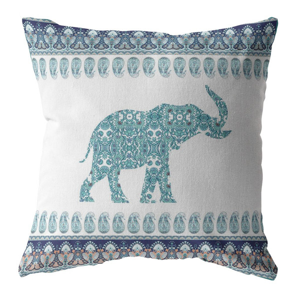 28 Teal Ornate Elephant Indoor Outdoor Throw Pillow