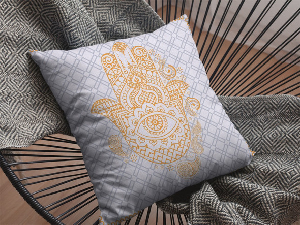 26 Gold Gray Hamsa Indoor Outdoor Throw Pillow