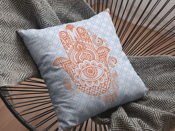 16 Blue Orange Hamsa Indoor Outdoor Throw Pillow