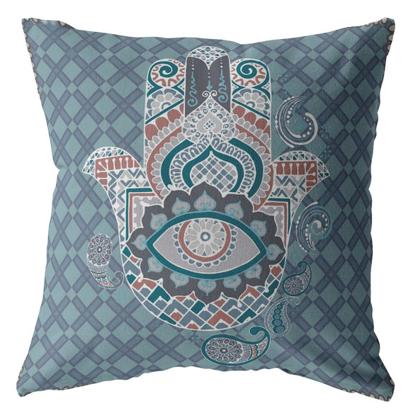 28 Slate Blue Hamsa Indoor Outdoor Throw Pillow