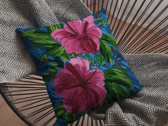 16 Pink Blue Hibiscus Indoor Outdoor Throw Pillow