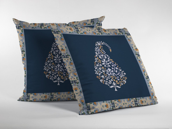 20 Orange Navy Paisley Indoor Outdoor Throw Pillow