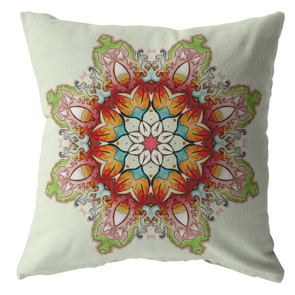 26" Orange Green Mandala Indoor Outdoor Zip Throw Pillow